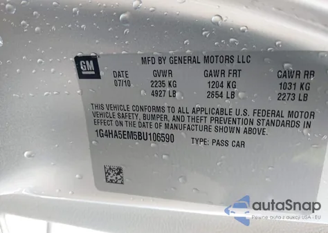 2011 Buick Lucerne Cx из США, поврежденный, VIN 1G4HA5EM5BU106590